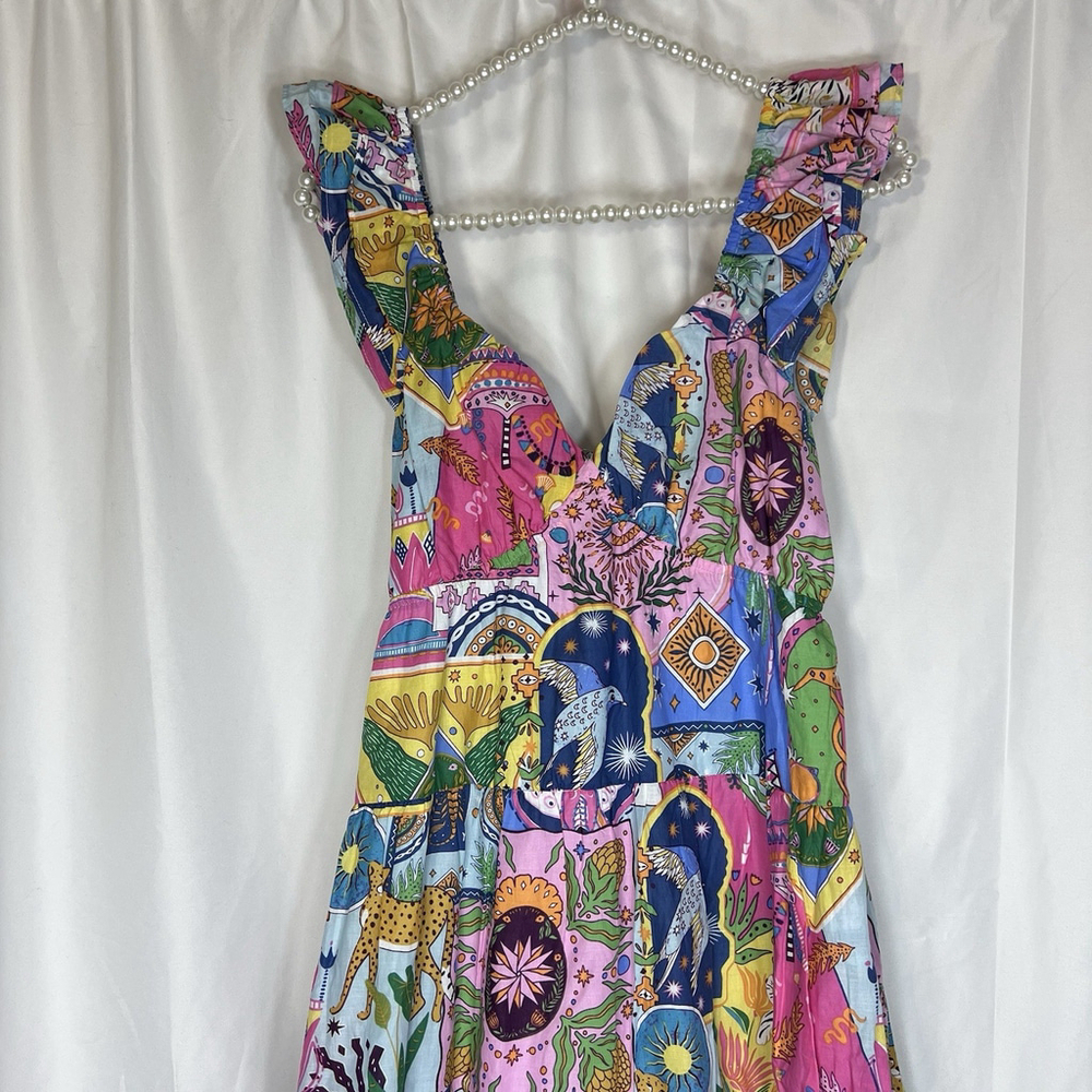 J Marie The Sloane Ruffle Strap Tie Midi Dress Ruffle Sleeve Maxi Cats Birds M - Picture 3 of 12